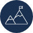 White line drawing of two mountain peaks on a dark blue circular background, with a flag on top of the taller peak.