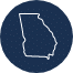 White outline of the state of Georgia on a dark blue circular background.