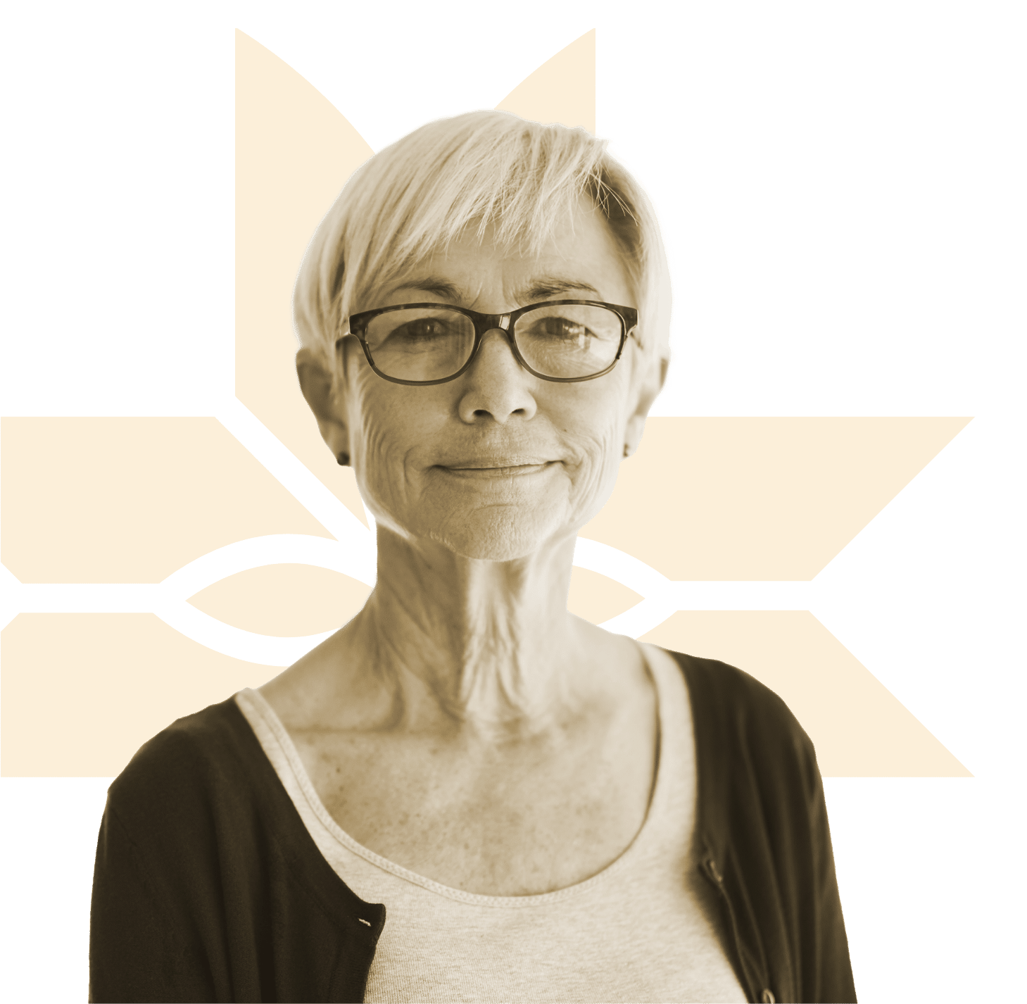 An older woman with short white hair and glasses smiles softly, wearing a light top and dark cardigan. A large, geometric yellow star shape is in the background.