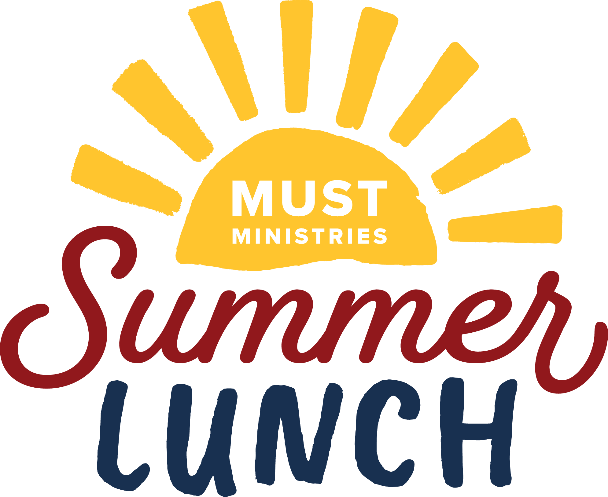 Logo with a yellow sun and rays above the words MUST Ministries in white. Below, Summer is written in red script and LUNCH in bold blue letters.